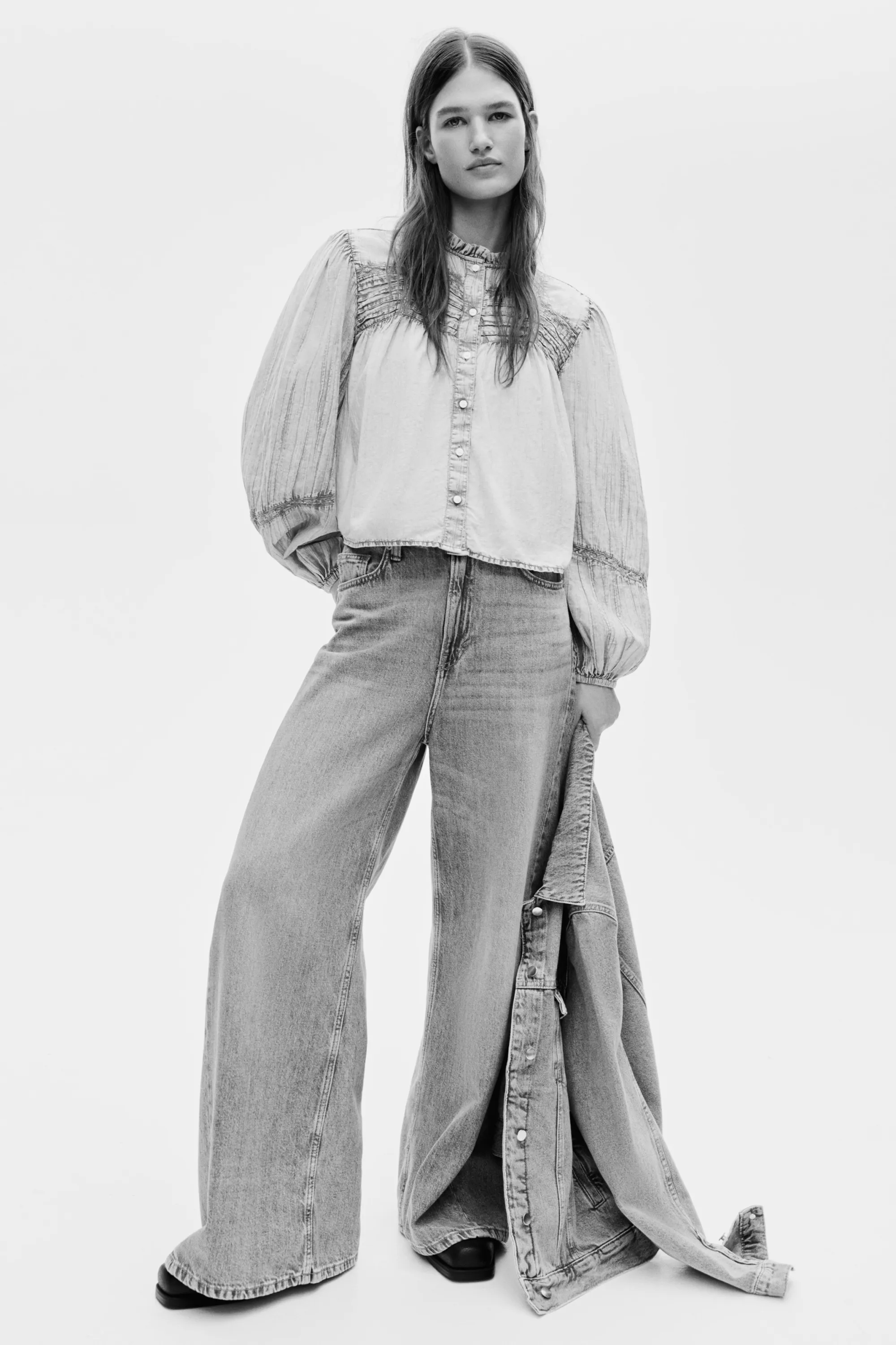 Denim-look cotton blouse - Bleu denim