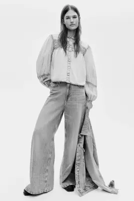 Denim-look cotton blouse - Bleu denim — photo 1
