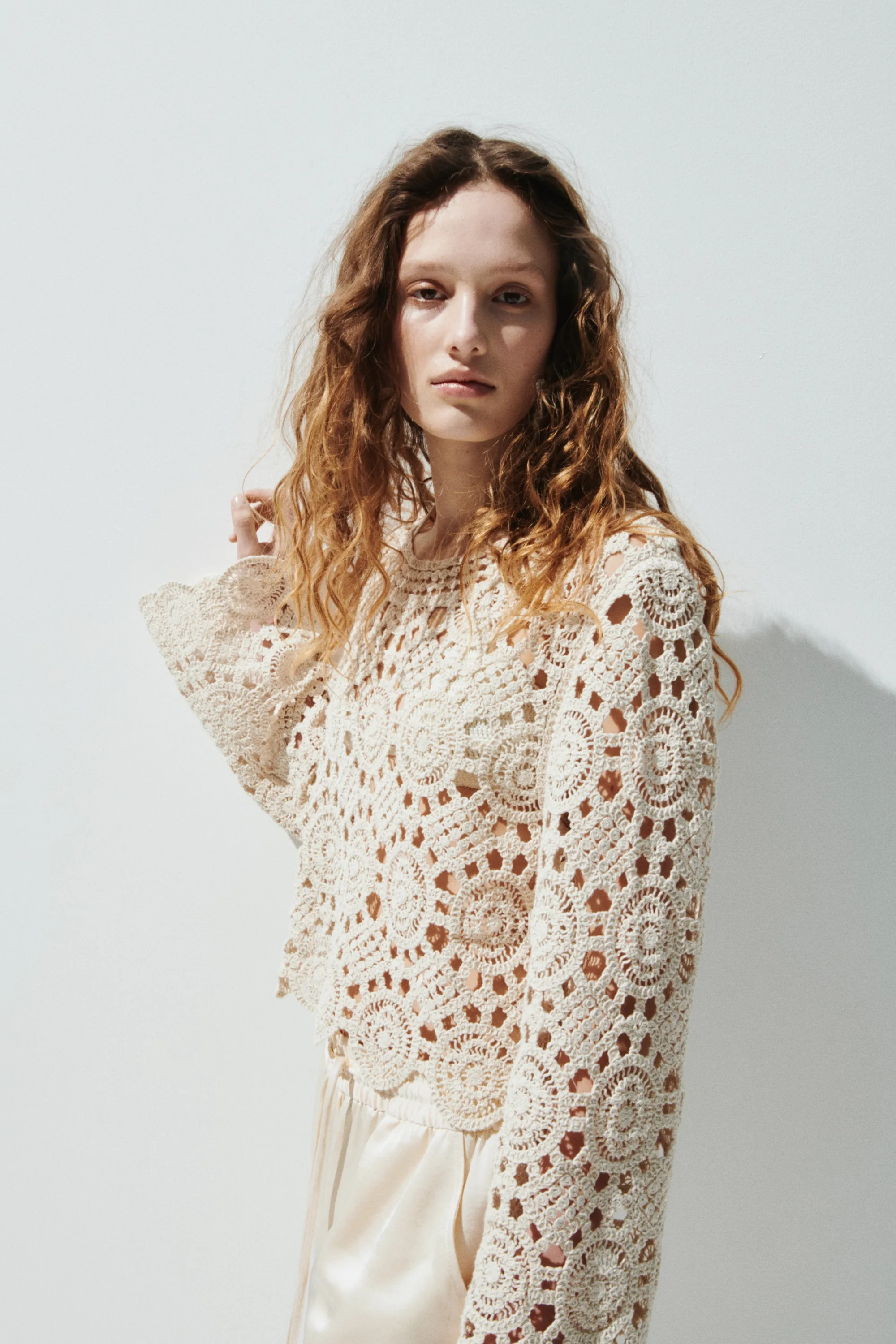 Top façon crochet en maille ajourée - Beige clair