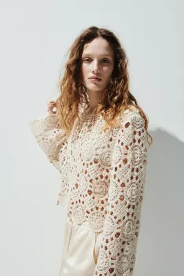 Top façon crochet en maille ajourée - Beige clair — photo 1