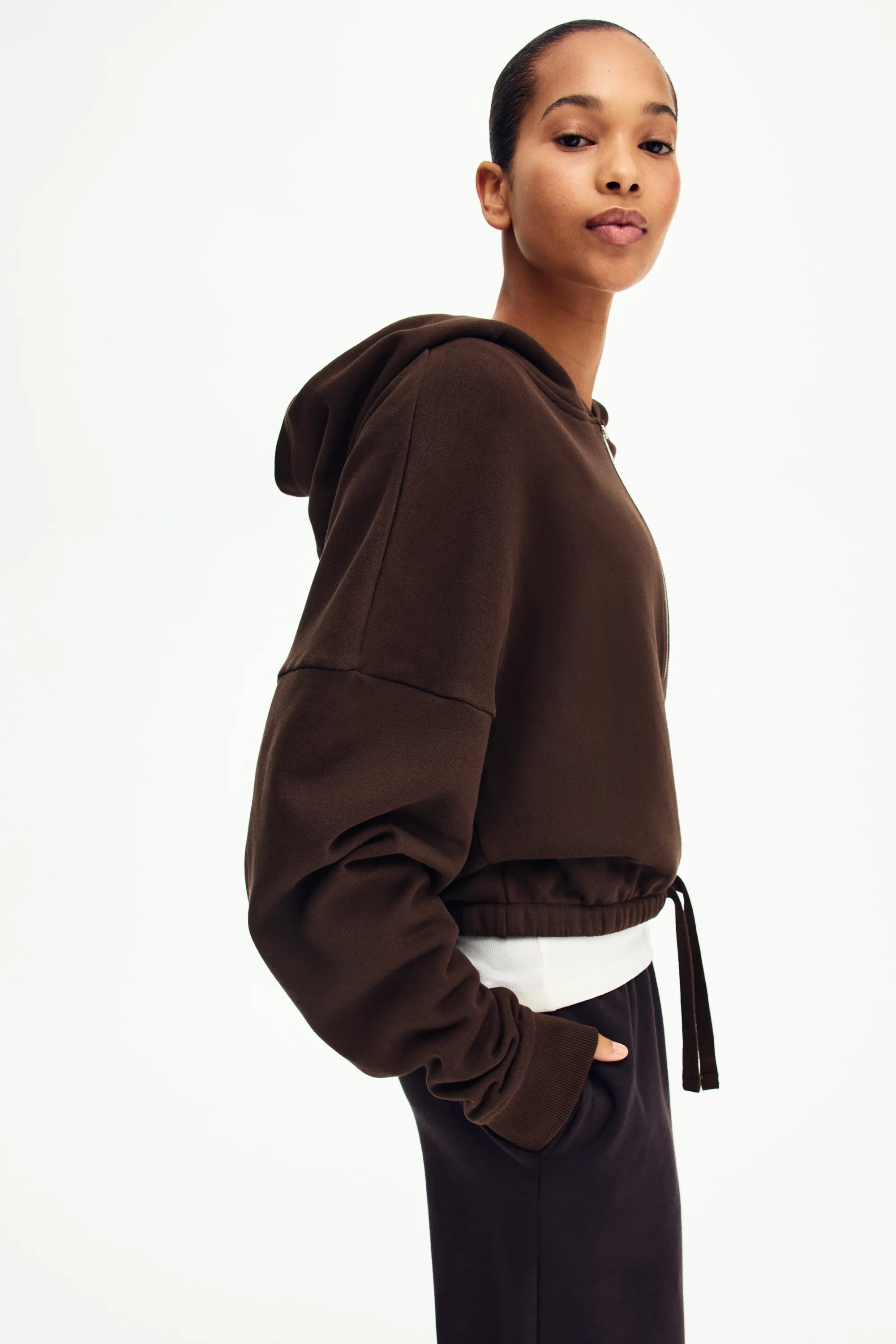 Veste zippée avec capuche et cordon de serrage - Marron