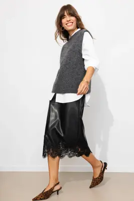 Jupe midi simili et dentelle — photo 3