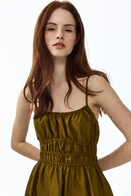 Robe en coton avec bretelles à nouer - Vert kaki foncé — photo 2