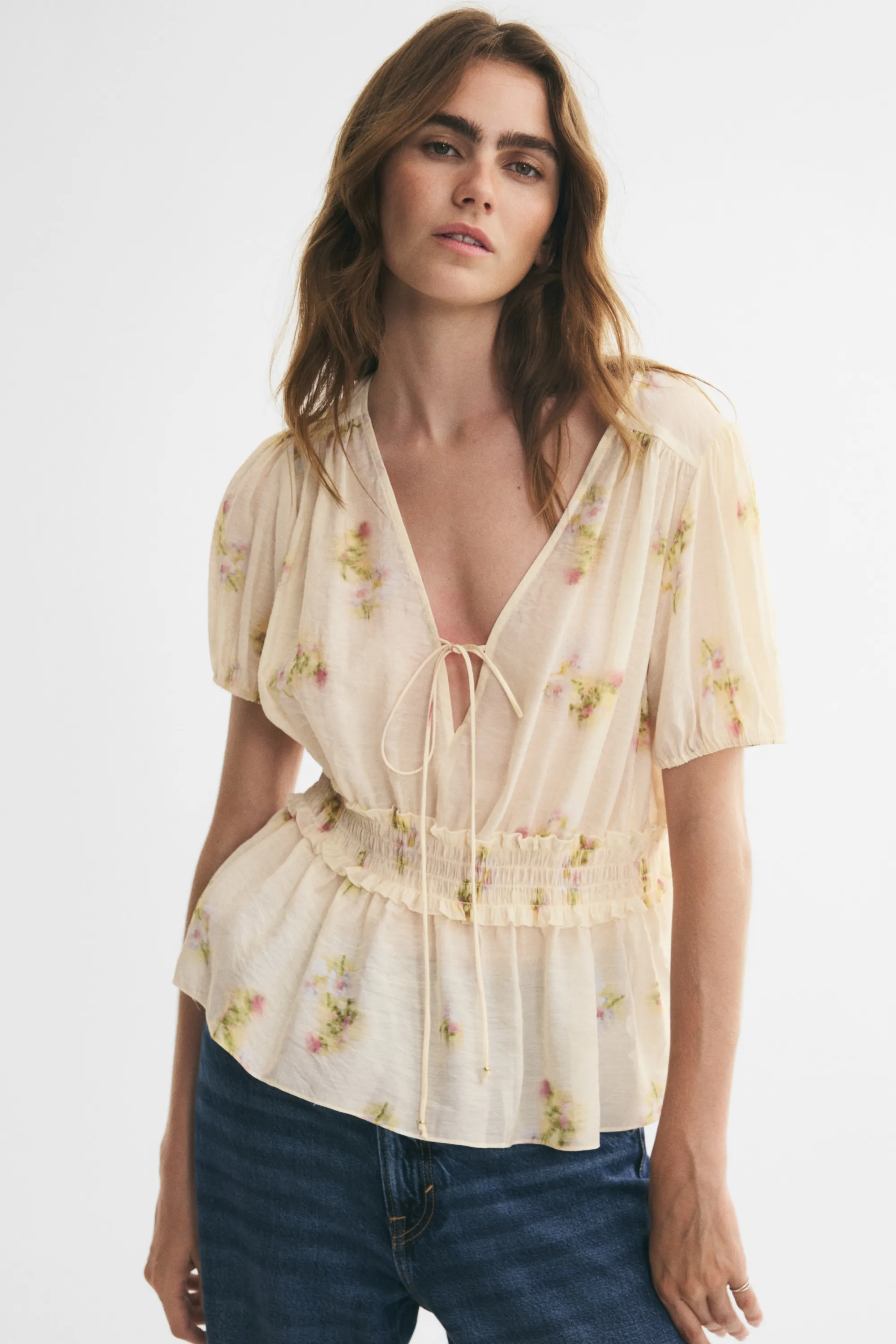 Blouse péplum à manches bouffantes - Beige clair/fleuri