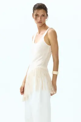 Top asymétrique à franges - Crème — photo 3