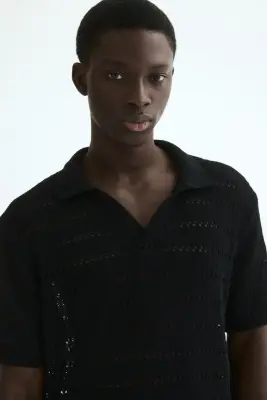 Polo Relaxed fit en maille ajourée - Noir — photo 1