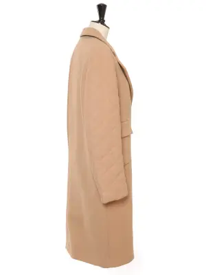 Manteau long droit col V manches matelassées en laine marron camel Prix boutique 2500€ Taille 36/38 — photo 4
