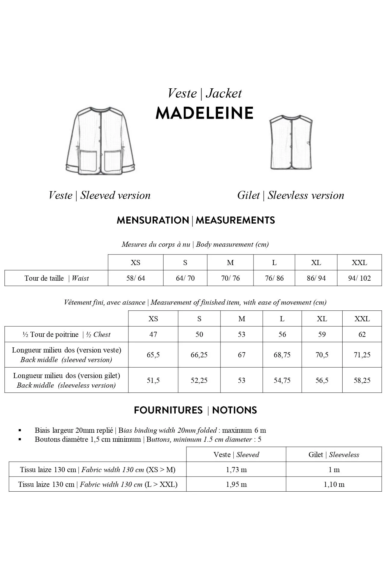 Patron papier veste MADELEINE