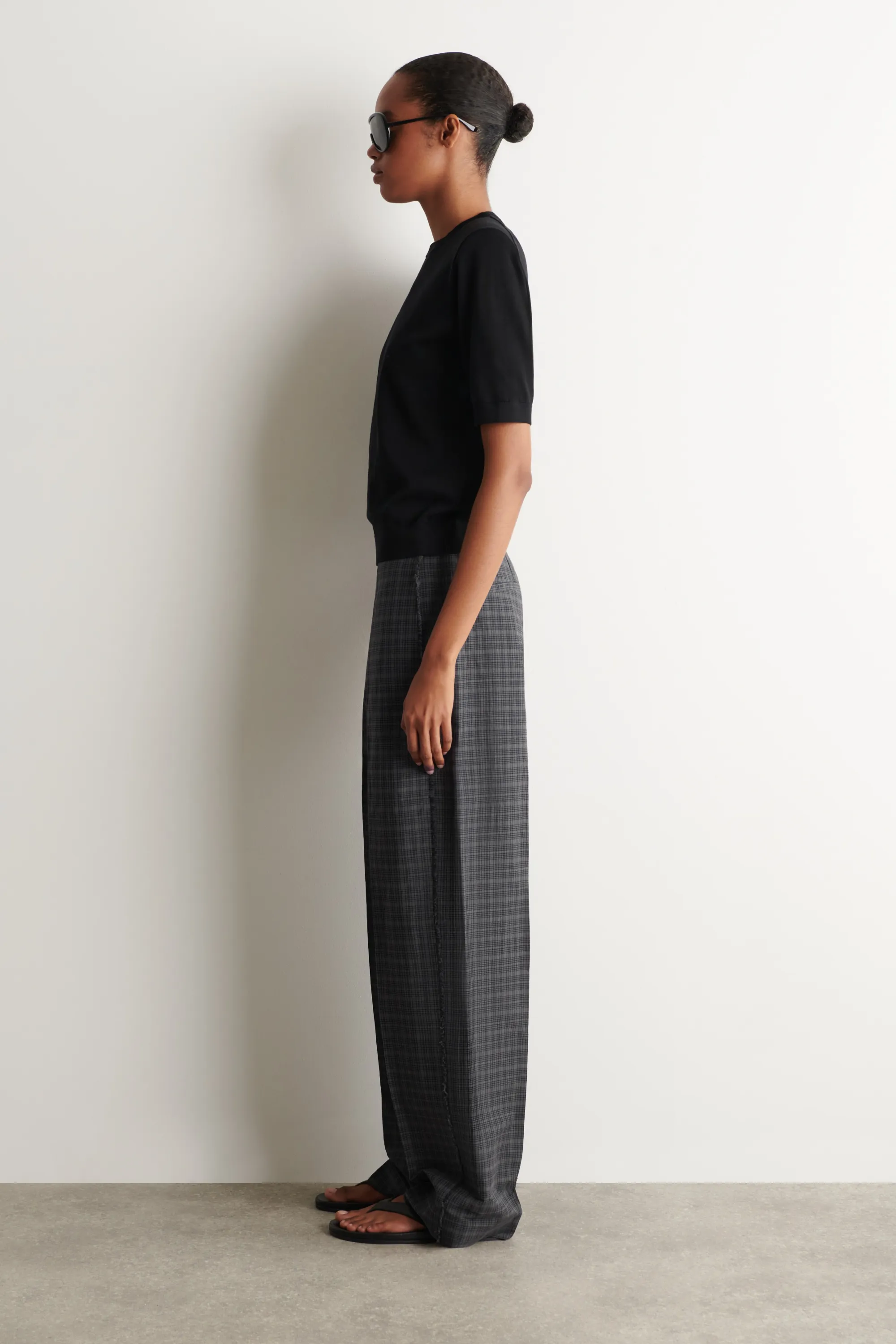 PANTALON EN LIN ET COTON À CARREAUX ET FRANGES - GRIS / BRUN / CARREAUX