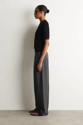 PANTALON EN LIN ET COTON À CARREAUX ET FRANGES - GRIS / BRUN / CARREAUX — photo 1