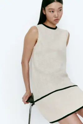 Robe droite en lin mélangé - Beige clair/noir — photo 4