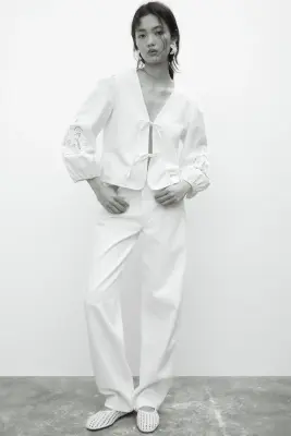 Veste à nouer avec broderie anglaise - Crème — photo 2