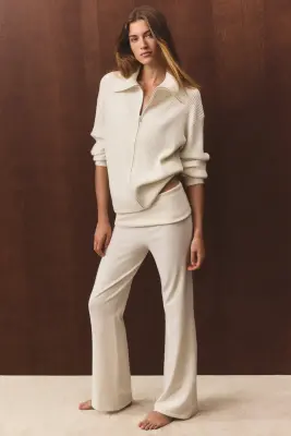 Pantalon en maille avec ceinture repliée - Crème — photo 2