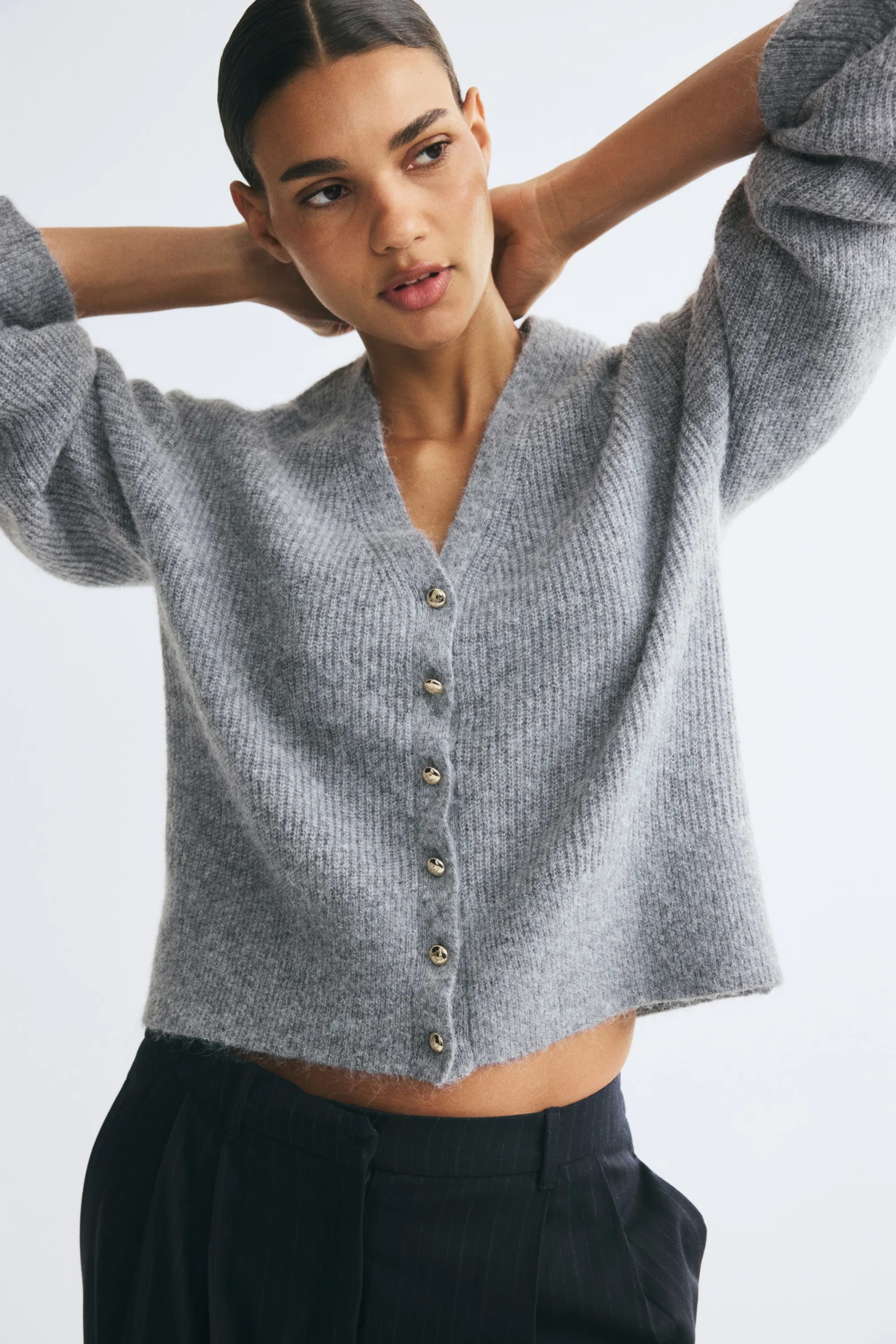 Gilet en maille côtelée avec encolure en V - Gris chiné
