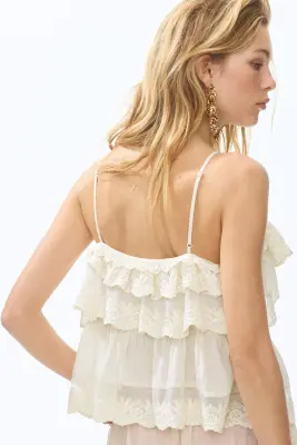 Top volanté avec broderies - Crème — photo 3