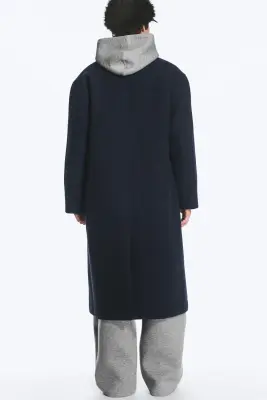 Manteau oversize en laine mélangée à boutonnage simple - Bleu foncé chiné — photo 4
