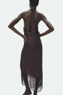 Robe à franges en tissu jacquard - Violet prune foncé — photo 3