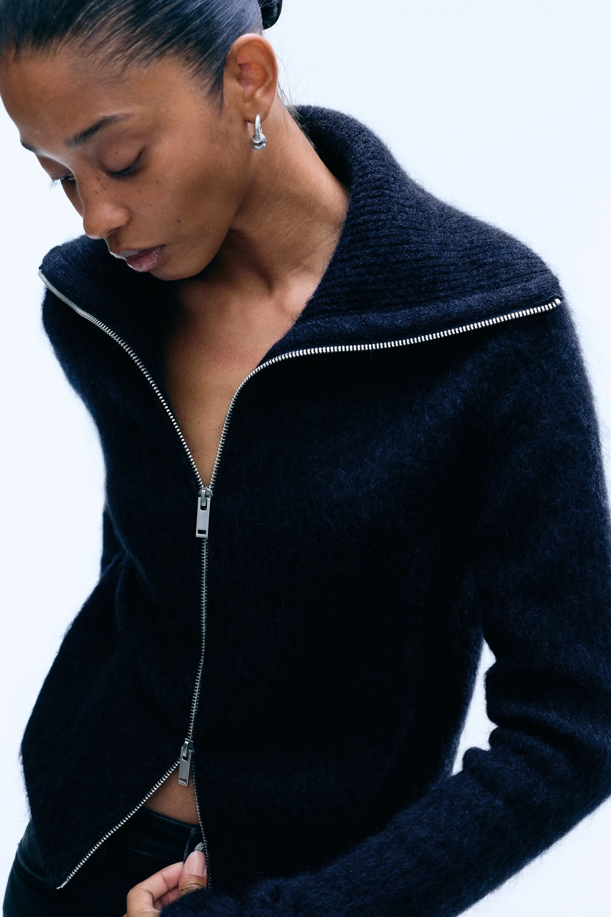 Gilet zippé mélangé mohair - Bleu foncé