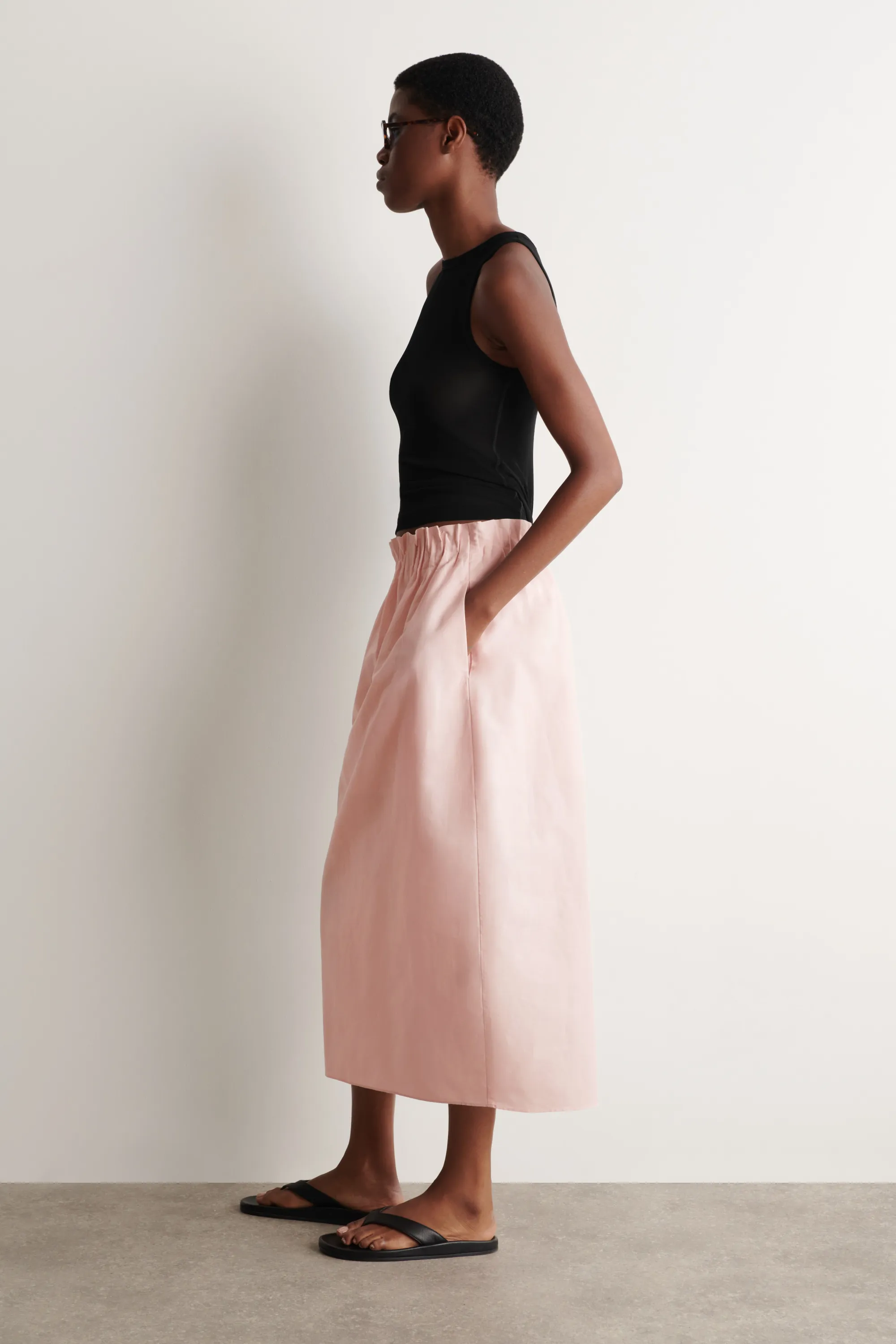 JUPE MIDI BALLON EN COTON ET LIN - ROSE