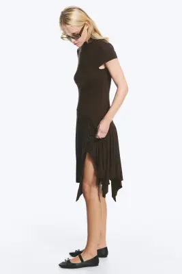 Robe Mi‑Longue Asymétrique À Col Montant - Marron foncé — photo 2