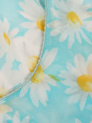 Top débardeur en tulle stretch bleu turquoise fleuri marguerite blanc et jaune Taille XS/S — photo 5