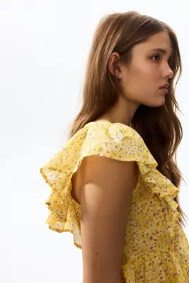 Top volanté en coton - Jaune/fleuri — photo 2