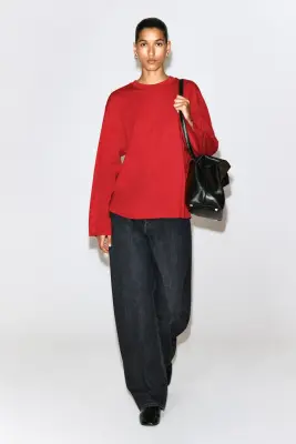 T-SHIRT À MANCHES LONGUES EN COTON BROSSÉ - ROUGE — photo 1