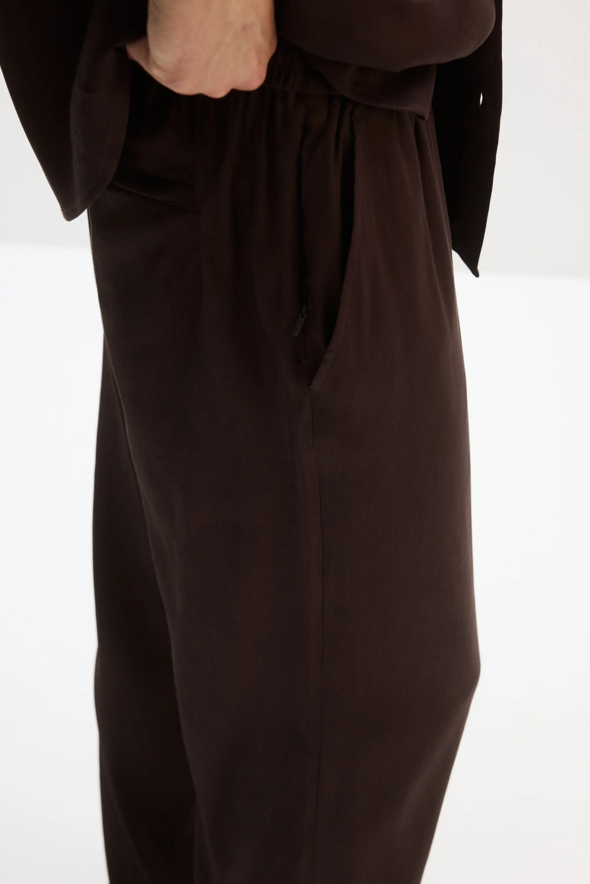 Pantalon Easy-care Loose Fit en lin mélangé - Marron foncé