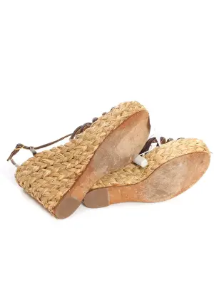 Sandales compensées en paille tressée cuir marron et métallisé doré Prix boutique 800€ Taille 38 — photo 5
