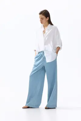 Wide paper bag trousers - Bleu denim clair — photo 4