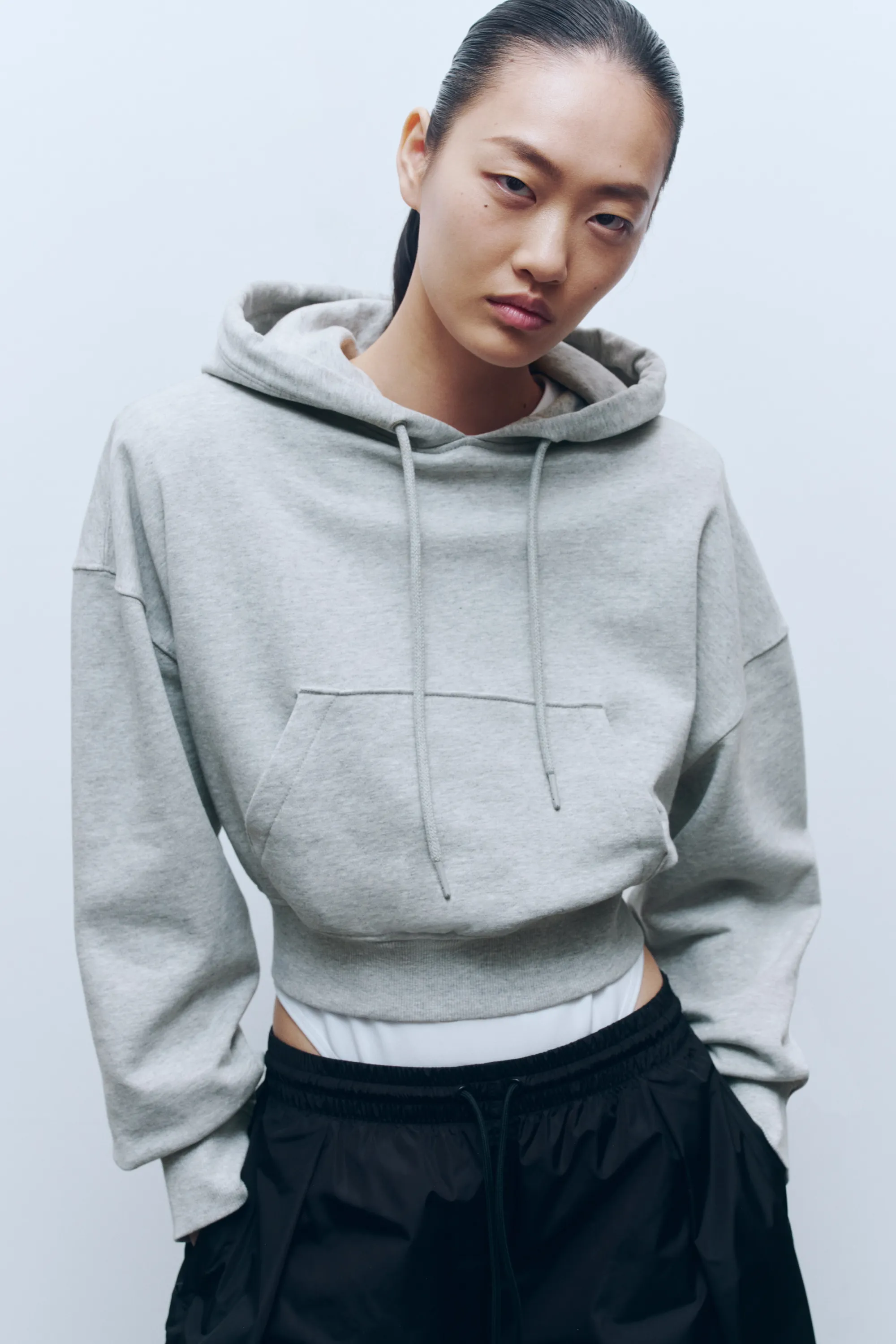 Hoodie court - Gris clair chiné