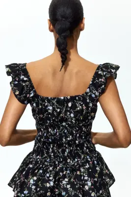 Robe à taille smockée - Noir/fleuri — photo 2