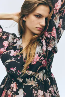 Blouse péplum en lin mélangé - Noir/fleuri — photo 2