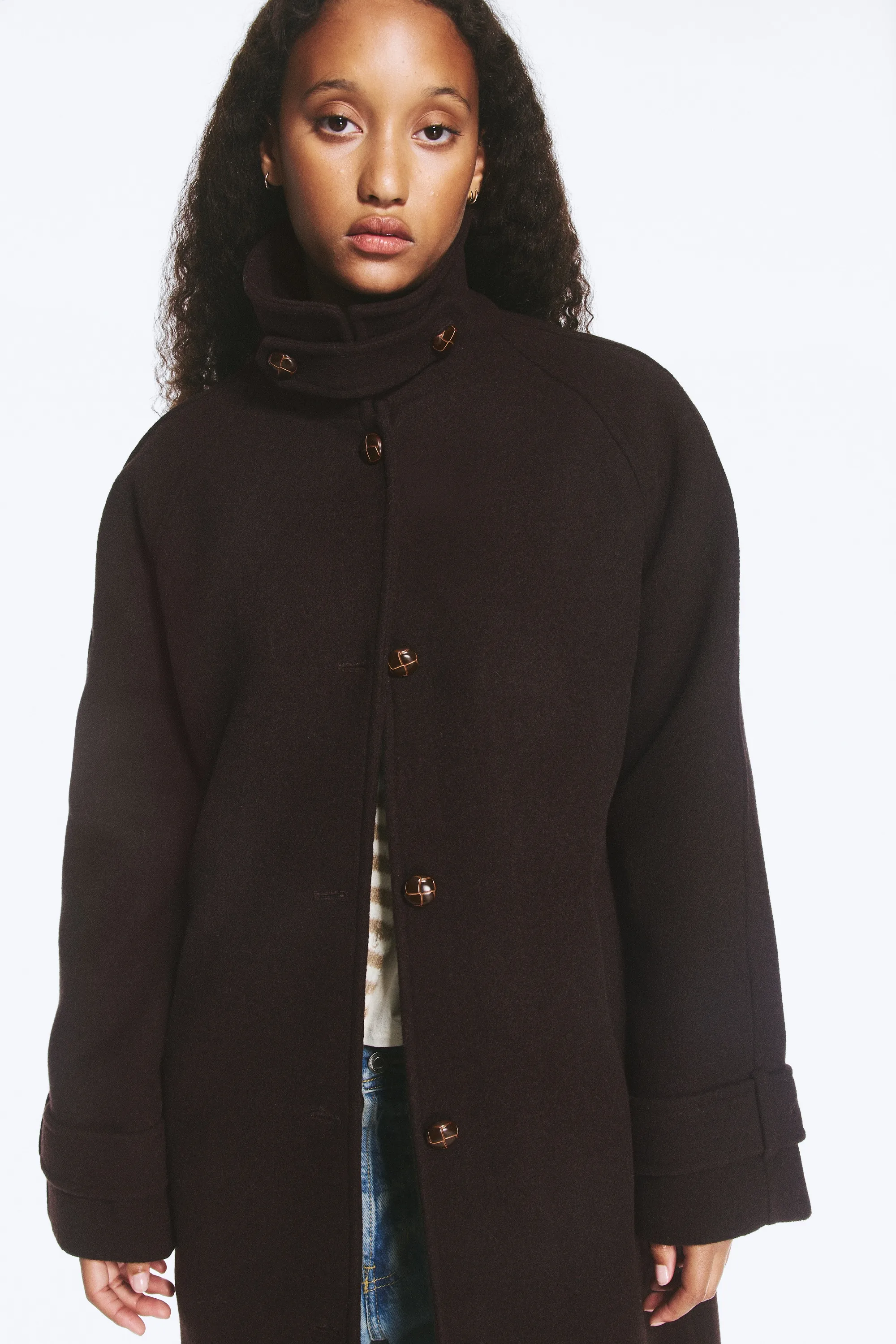 Manteau à col cheminée en mélange de laine - Marron foncé