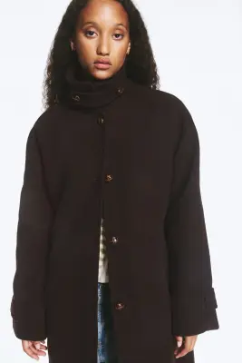 Manteau à col cheminée en mélange de laine - Marron foncé — photo 1
