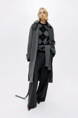 Manteau avec ceinture à nouer - Gris foncé chiné — photo 2