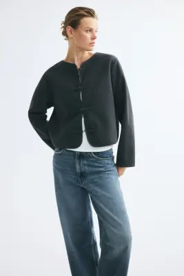Veste brossée à boutons noués - Gris foncé — photo 1
