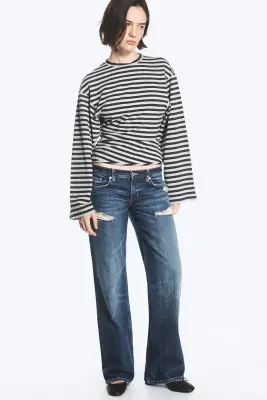 T-shirt froncé à manches longues - Rayures noires et grises — photo 1
