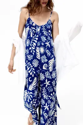 Combi-pantalon avec ceinture à nouer - Bleu vif/blanc — photo 2