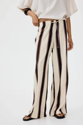 Pantalon large avec taille élastique - Crème/rayé — photo 2