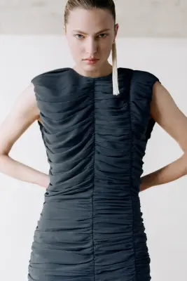 ROBE À PANNEAUX FRONCÉS - Bleu acier — photo 5
