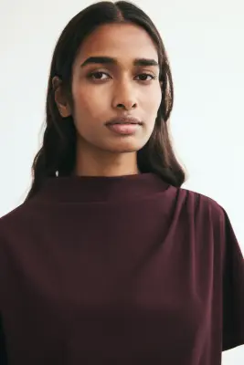 Top à effet drapé avec col droit - Marron foncé — photo 2