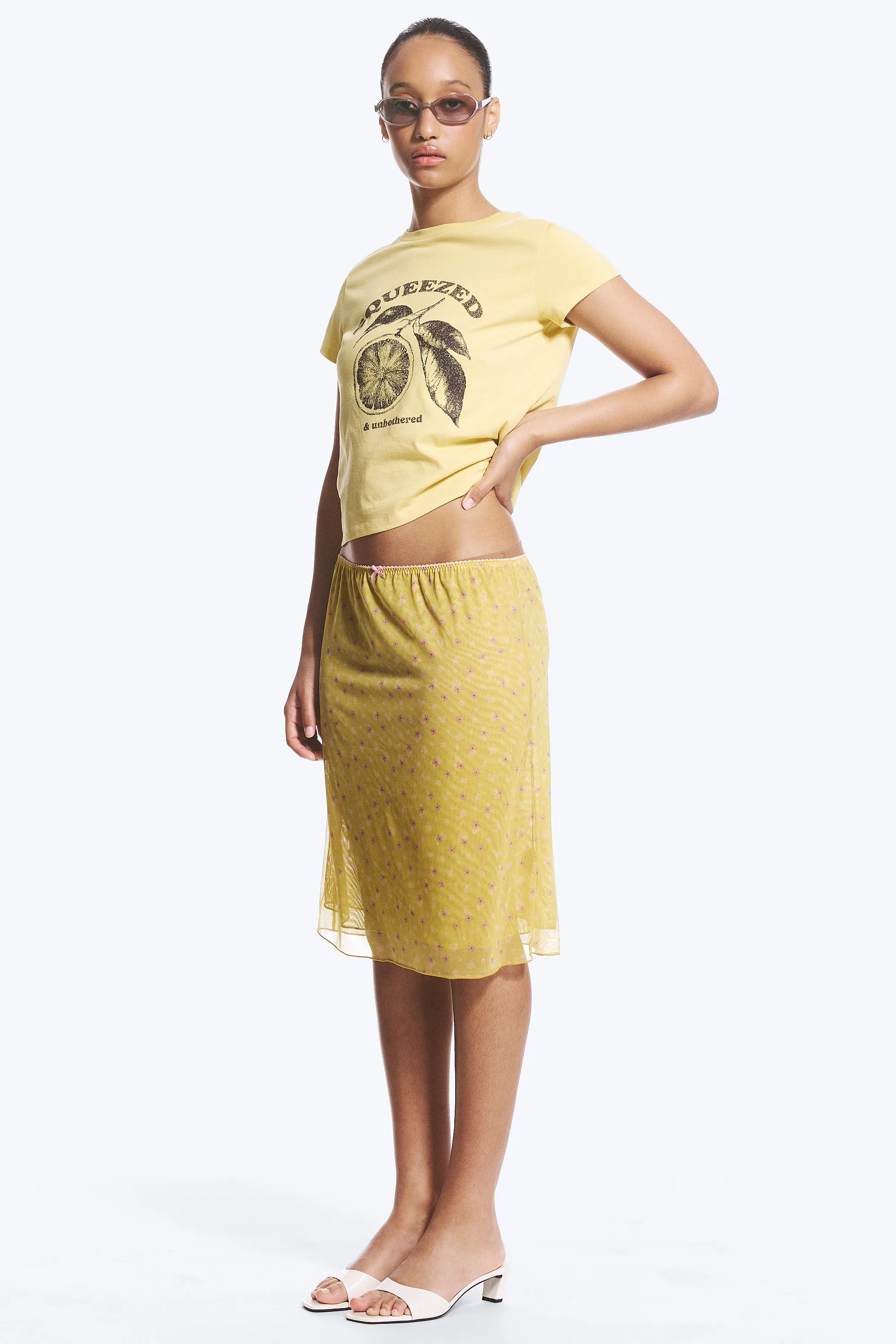 Jupe en résille double épaisseur - Jaune citron - Floral