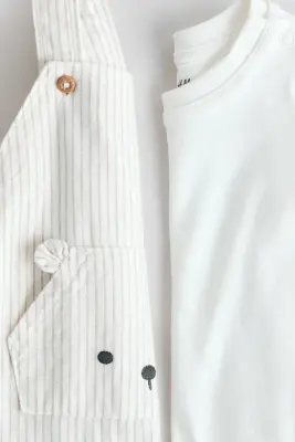 Ensemble 2 pièces en coton - Blanc/rayures beiges — photo 1