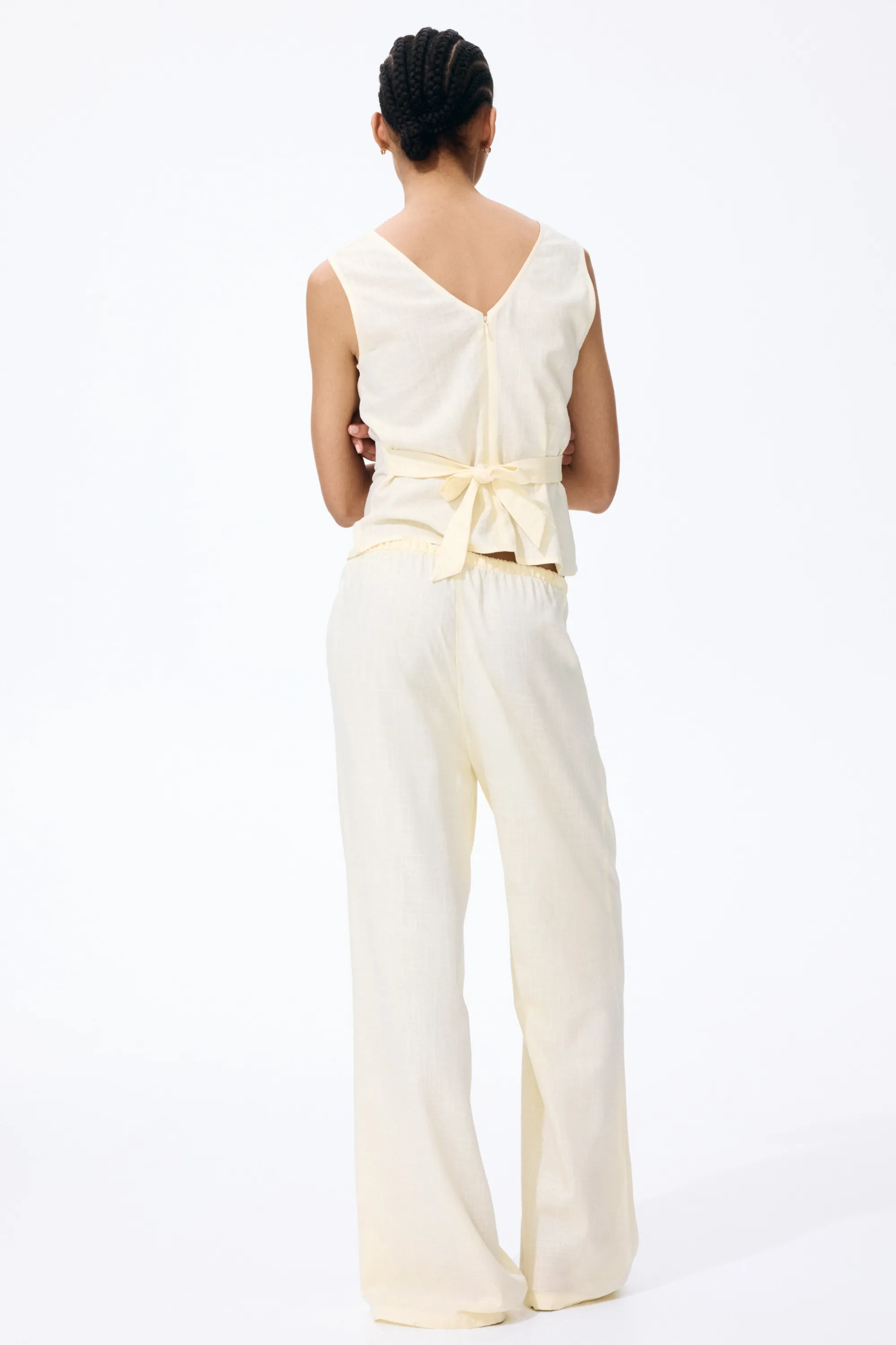 Pantalon à cordon en lin mélangé - Jaune pâle