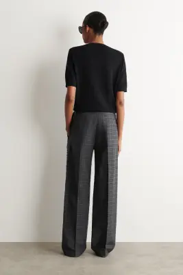 PANTALON EN LIN ET COTON À CARREAUX ET FRANGES - GRIS / BRUN / CARREAUX — photo 3