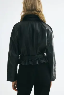 Veste en tissu enduit avec col duveteux - Noir — photo 3