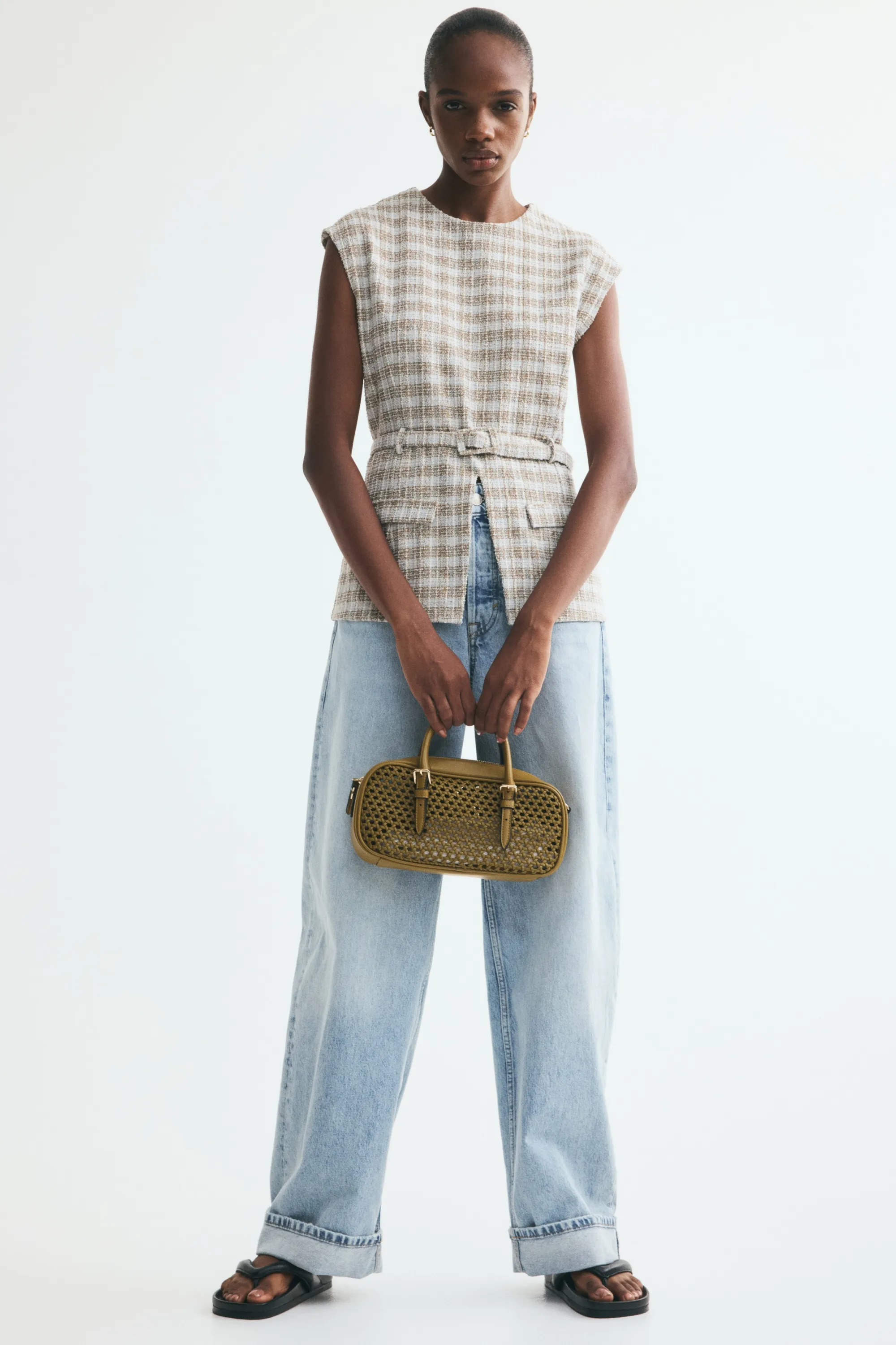 Top en maille bouclette avec ceinture - Bleu ancien clair/carreaux