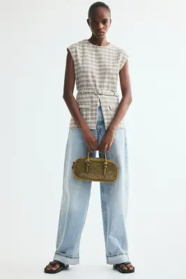 Top en maille bouclette avec ceinture - Bleu ancien clair/carreaux — photo 1