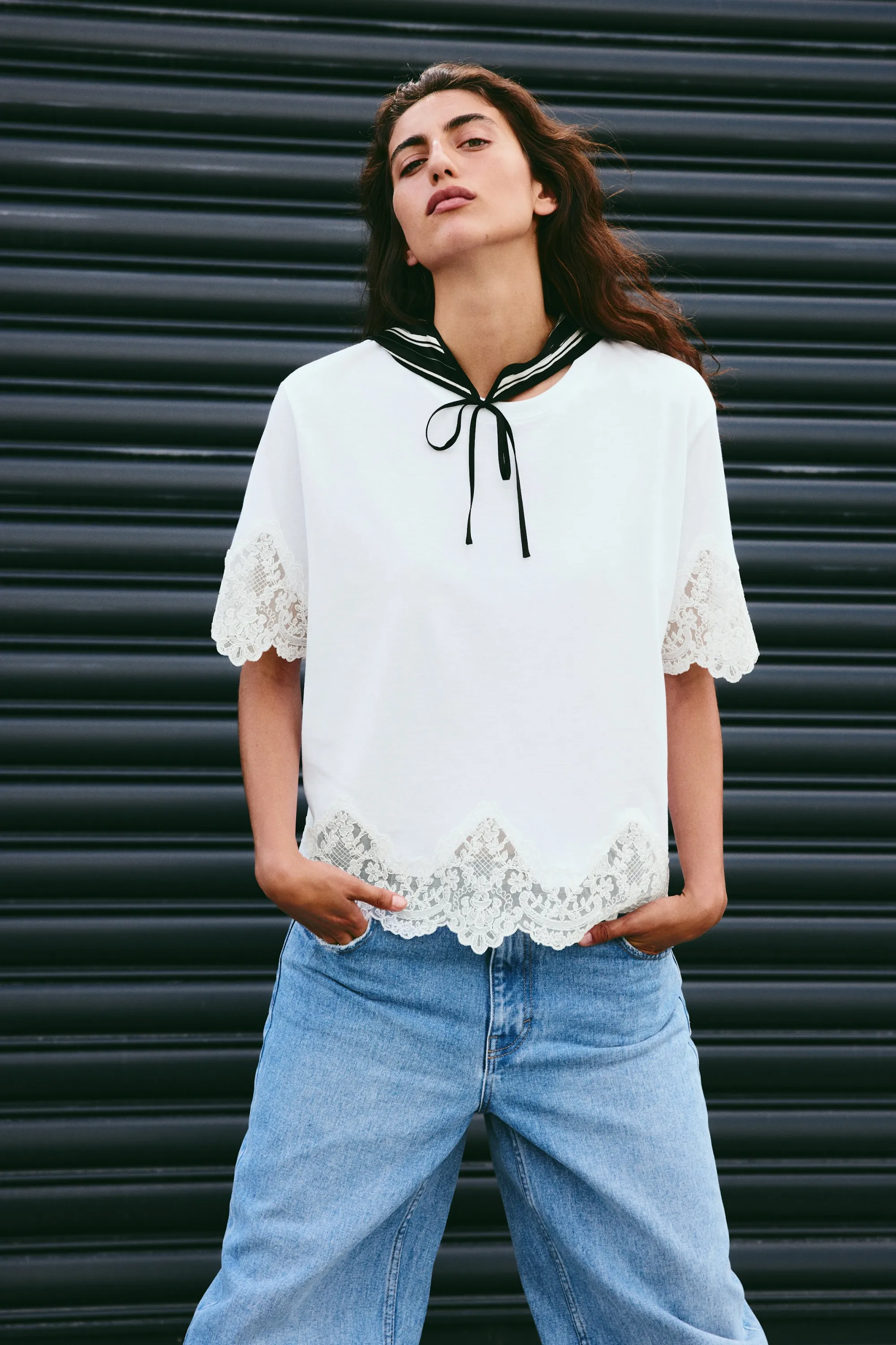 T-shirt en coton avec dentelle - Blanc/crème
